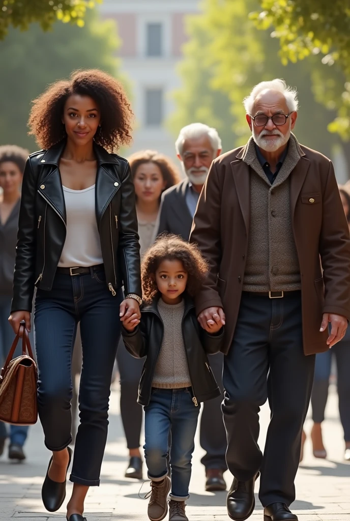 Femme cheveux frisé attaché veste cuir sac a main avec sa fille avec les grands parents