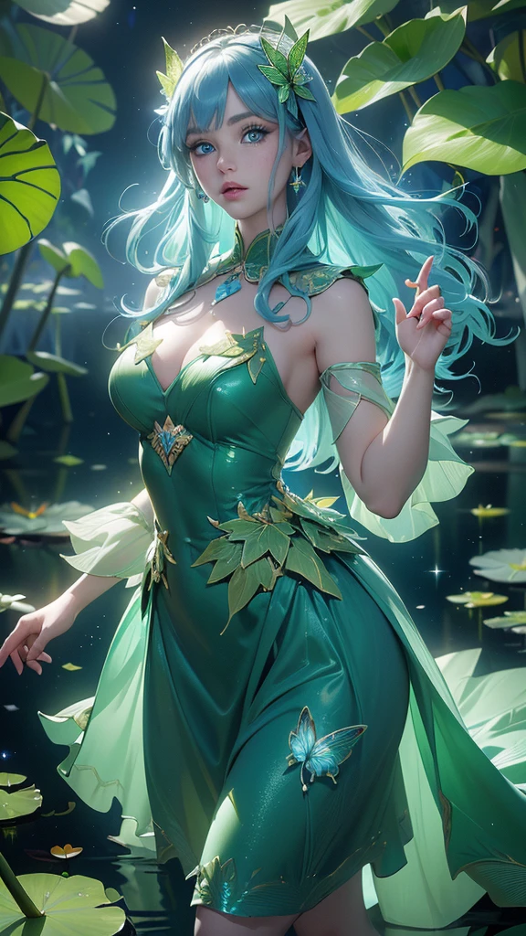 (La Best Quality,A high resolution,Ultra - detailed,actual),Ariana Grande, (green dress:1.4 ), (heart pond), (Water lily leaf), (heart: 1.3), (mariposa: 1.4), (paper fan), (floating leaves:1.4 ), (wind), (sleeping), (transparent water: 1.1), (Moonlight: 1.3, blending perfectly with the surrounding landscape. on a beautiful night, la Moonlight brilla sobre la superficie del agua, creating a calm environment. from above, Spectators can see the water lilies and lotus flowers around them., and there is a mysterious light underwater that illuminates the graceful fish swimming around it.. Many blue butterflies, More detailed 8K.unreal engine:1.4,UHD,La Best Quality:1.4, photorealistic:1.4, skin texture:1.4, masterpiece:1.8,first work, Best Quality,object object], (detailed face features:1.3),(The correct proportions),(Beautiful blue eyes:1.4 ),  (cowboy pose), (fingers detailed :1.4), (background big wild leaves :1.4), giant mushrooms, 