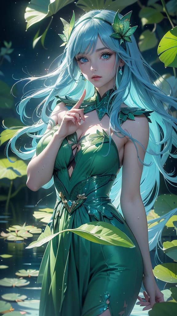 (La Best Quality,A high resolution,Ultra - detailed,actual),Ariana Grande, (green dress:1.4 ), (heart pond), (Water lily leaf), (heart: 1.3), (mariposa: 1.4), (paper fan), (floating leaves:1.4 ), (wind), (sleeping), (transparent water: 1.1), (Moonlight: 1.3, blending perfectly with the surrounding landscape. on a beautiful night, la Moonlight brilla sobre la superficie del agua, creating a calm environment. from above, Spectators can see the water lilies and lotus flowers around them., and there is a mysterious light underwater that illuminates the graceful fish swimming around it.. Many blue butterflies, More detailed 8K.unreal engine:1.4,UHD,La Best Quality:1.4, photorealistic:1.4, skin texture:1.4, masterpiece:1.8,first work, Best Quality,object object], (detailed face features:1.3),(The correct proportions),(Beautiful blue eyes:1.4 ),  (cowboy pose), (fingers detailed :1.4), (background big wild leaves :1.4), giant mushrooms, 