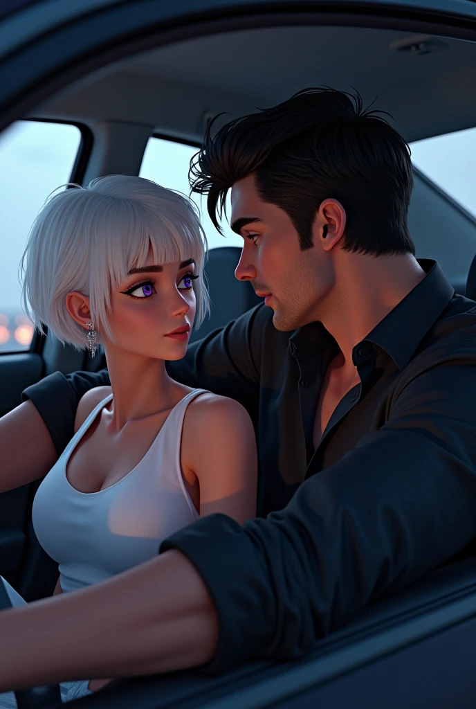 Couple inside the car talking, the woman has characteristic short white hair, violet eyes and light brown skin., and the man is strong and handsome with dark hair and a black dress shirt