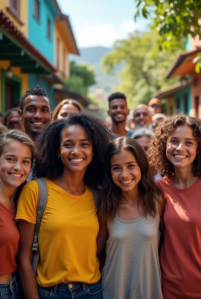 photo in horizontal format, PICTURE REALISTIC, several people looking forward, smiling in the street, in Brazil,