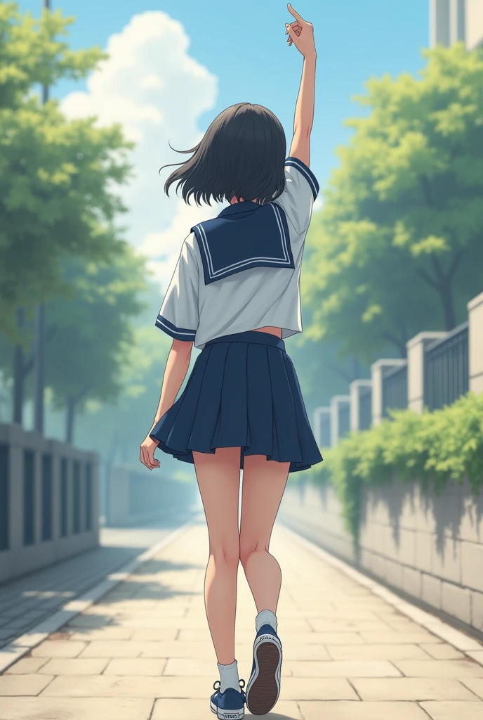 Woman Dressed in a School Uniform Sailor Uniform with Short Skirt Realistic style from the back with the arm extended upwards from the back With converse sneakers