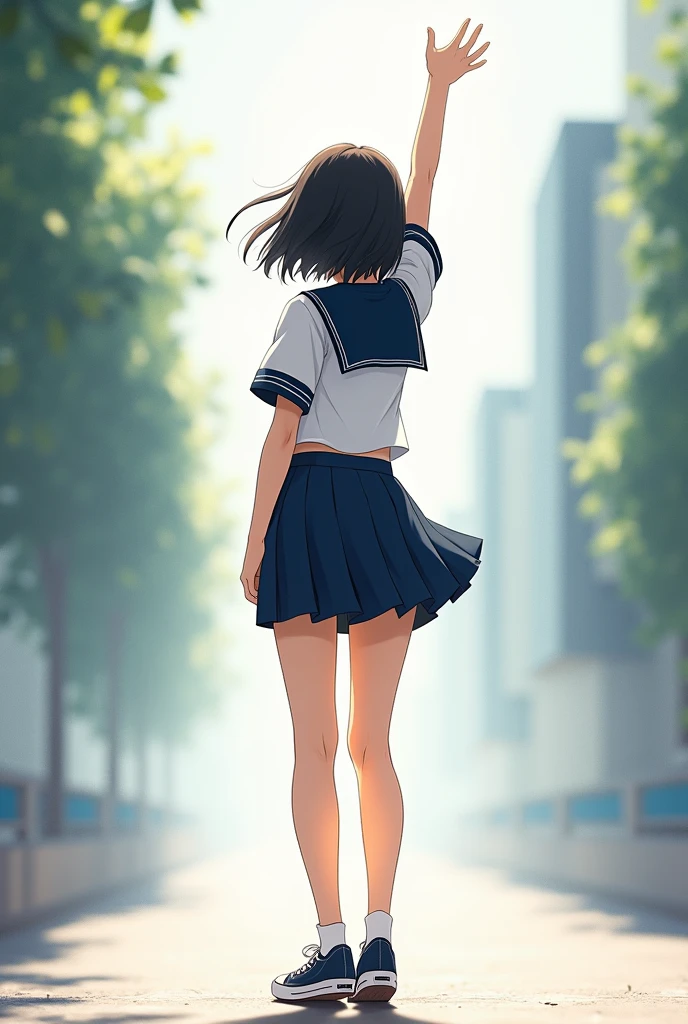 Woman Dressed in a School Uniform Sailor Uniform with Short Skirt Realistic style from the back with the arm extended upwards from the back With converse sneakers