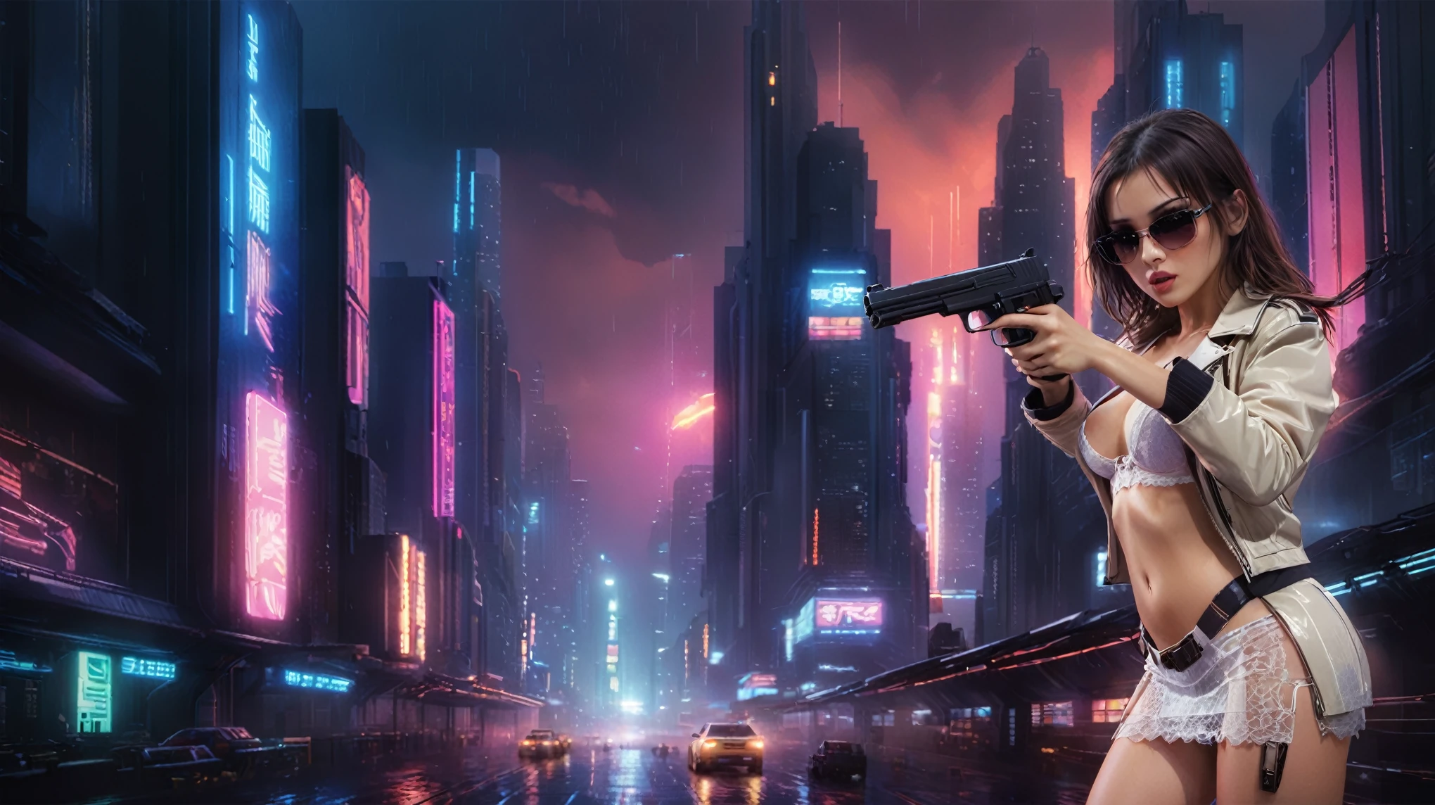 (low angle view), Blade Runner style futuristic city, flying cars, neon lights, rainy night. (1girl, solo, alone), large-breast:1.2 slim body, slim face, cleavage:1.1, sexy laced lingerie, very low angle view miniskirt, jacket, (black micro sunglasses), (holding a short gun), running pose, half-body thigh level medium shot, cinematic lighting, ray tracing.