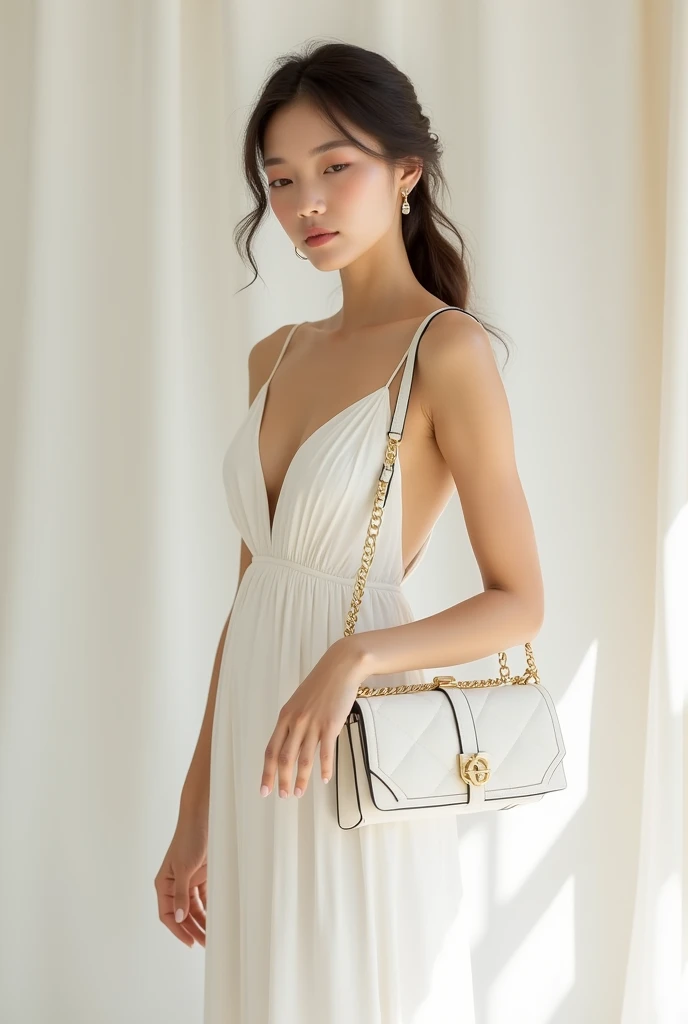 elegant woman with elegant bag white dress
