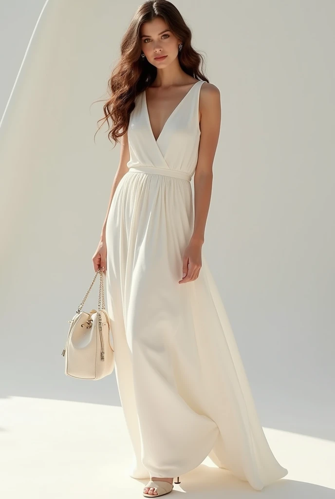 elegant woman with elegant bag white dress
