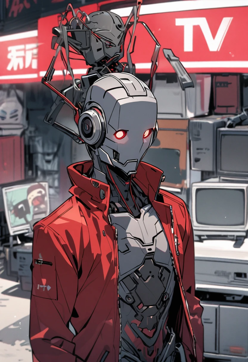 Gray Robot Man, with red jacket, and TV head,