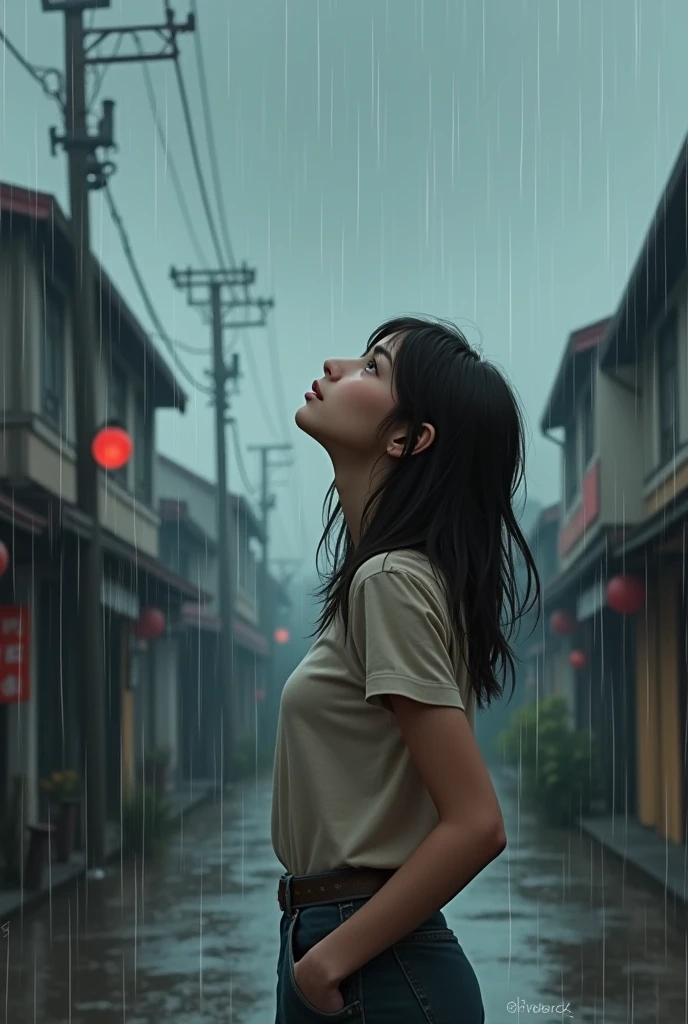 Teenager woman looking up at the sky while it is raining and with a confused face in a town