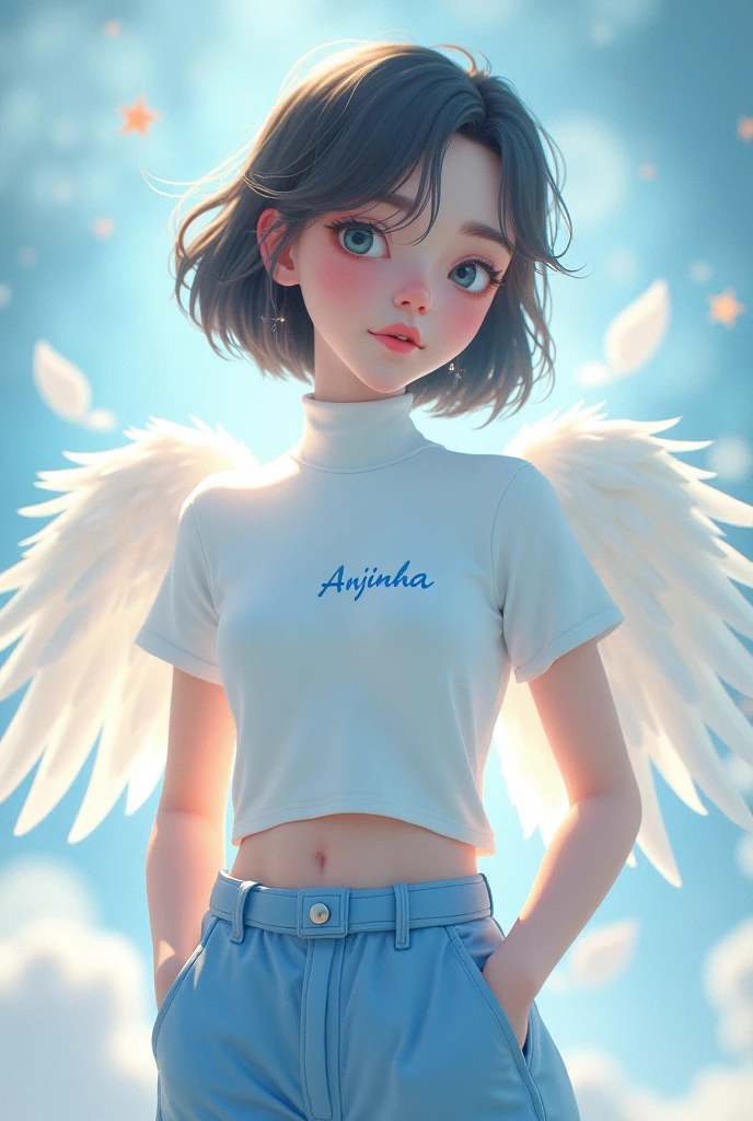 Female character with white turtleneck shirt with name Anjinha in Portuguese and blue angelic pants with 3D anime theme