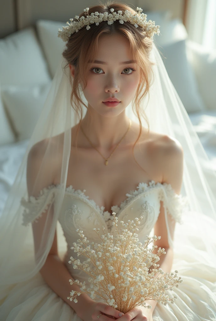 one women in wedding dresses sitting on the bed,holds a bouquet of flowers, lalisa manobal, Album art, Official artwork, very magical and dreamy, ethereal fairytale, Ethereal beauty, Koreainsta Goddess, Ethereal fantasy, celestial goddess, lalisa manoban of blackpink, sakimichan, jaeyeon nam, ulzzangs, Ethereal and dreamy, fantasy beautiful,Extra-large big breasts,Blush,Perfect body slim curves, 8K art photo photo,Japan goddess,