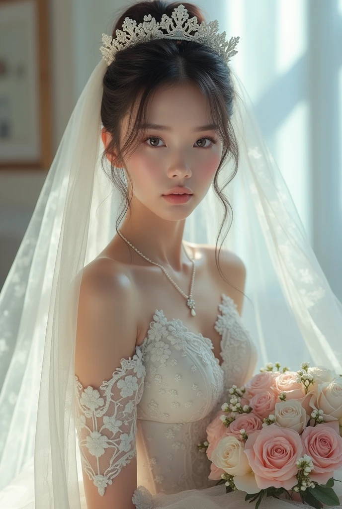 one women in wedding dresses sitting on the bed,holds a bouquet of flowers, lalisa manobal, Album art, Official artwork, very magical and dreamy, ethereal fairytale, Ethereal beauty, Koreainsta Goddess, Ethereal fantasy, celestial goddess, lalisa manoban of blackpink, sakimichan, jaeyeon nam, ulzzangs, Ethereal and dreamy, fantasy beautiful,Extra-large big breasts,Blush,Perfect body slim curves, 8K art photo photo,Japan goddess,