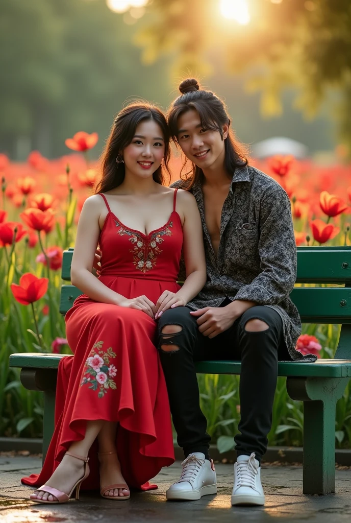 (photorealism:1.2), Photography of a Korean woman and a handsome Indonesian young man sitting close to each other on a green wooden bench in a park. The woman is wearing a red tank top dress with floral embroidery motifs and elegant high heels, and has a plump body. The young man had long hair tied at the top, wore a long shirt with a cool black and white pattern, tight black jeans ripped at the knees, and sneakers with a cool red and white design, their gaze focused on the camera while smiling softly. The garden is filled with colorful flowers and lit by the soft rays of the setting sun. There is a fountain pool next to the bench, the whole looks very clear and very detailed, photographic, cinematic.
