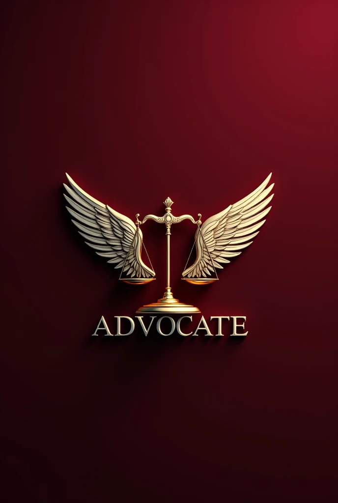 Golden Justice scale logo with small silver wings around it with,"ADVOCATE" In all capital letters written below it in bright silver color, with a burgundy background