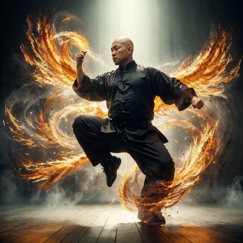 a wing chun master from indonesia, slightly fat body, slightly bald head, wearing a black shaolin suit, demonstrating the phoenix bird technique ready to attack, add a cinematic effect of an energy smoke rotating around his body, extreme cinematic, detailed light bias elements, best image quality, uhd, hdr.