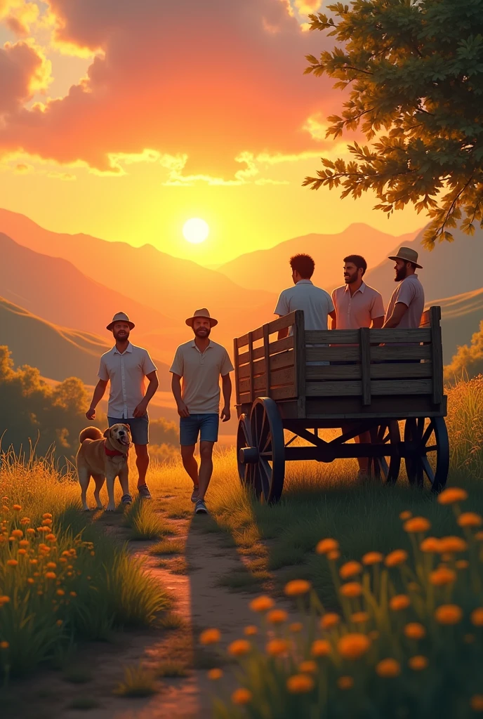 sunset, summer, dog, cart, men