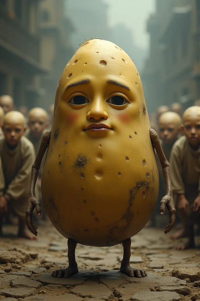 a potato with a face standing in-front of starving people saving them