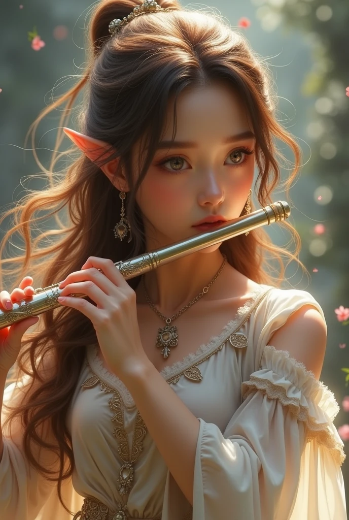 (photorealism:1.2), beautiful womanBard, half-elf, flute, brown hair, silver eyes, perfect hands, anime style