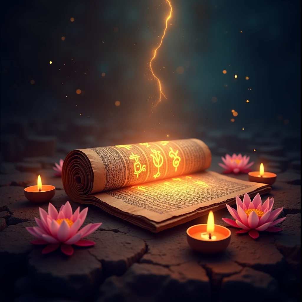 Create a striking profile photo that symbolizes the essence of Indian Puranas. The image should feature a central, intricately designed ancient manuscript or scroll, partially unrolled to reveal glowing sacred symbols from the Puranas. Surround the manuscript with subtle elements like lotus flowers, small oil lamps, and ethereal light effects to create a divine and mystical ambiance. The background should be a deep, rich color that contrasts with the glowing elements, giving a sense of depth and reverence. Ensure the overall composition is clear, vibrant, and eye-catching, perfect for a profile photo.