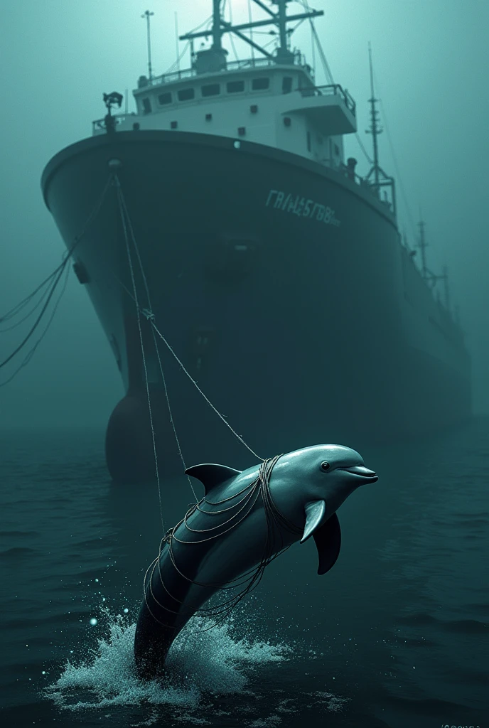 dolphin with its tail caught in a net on the seabed of a huge fishing vessel