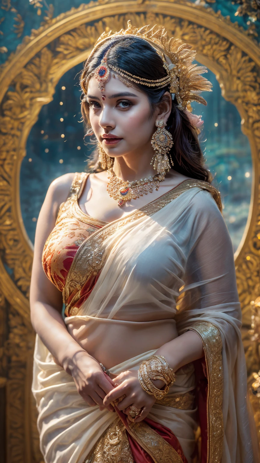 ((Best quality, 8k, Masterpiece :1.3)), Sharp focus :1.2, Generate a realistic image of a beautiful sexy Indian woman plus size body: 8.5 (soft and supple skin) dressed in a white Kasava saree, adorned with traditional ornaments, standing in a well-lit room with cinematic lighting. ((Front view, random elegant pose)), and there is a sense of grace and elegance in her posture. The background should complement the scene, enhancing the overall aesthetic appeal of the image. Photography by Brandon Woelfel, Full shot: Canon EF 16-35mm f/2.8L III USM lens on a Canon EOS 5D Mark IV camera, ultra realistic, 32k, HD
