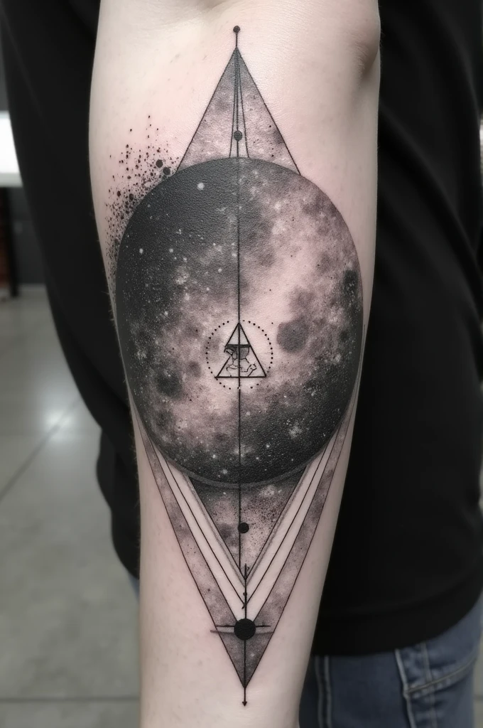 Black and white tattoo with only fine lines with a galaxy and elements of mathematics. Add a small astronaut. Do not add black backgrounds to the tattoo.
