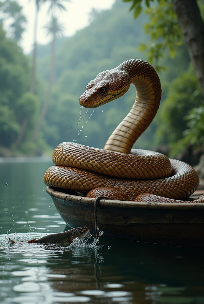 Boa constrictor catching fish from boat