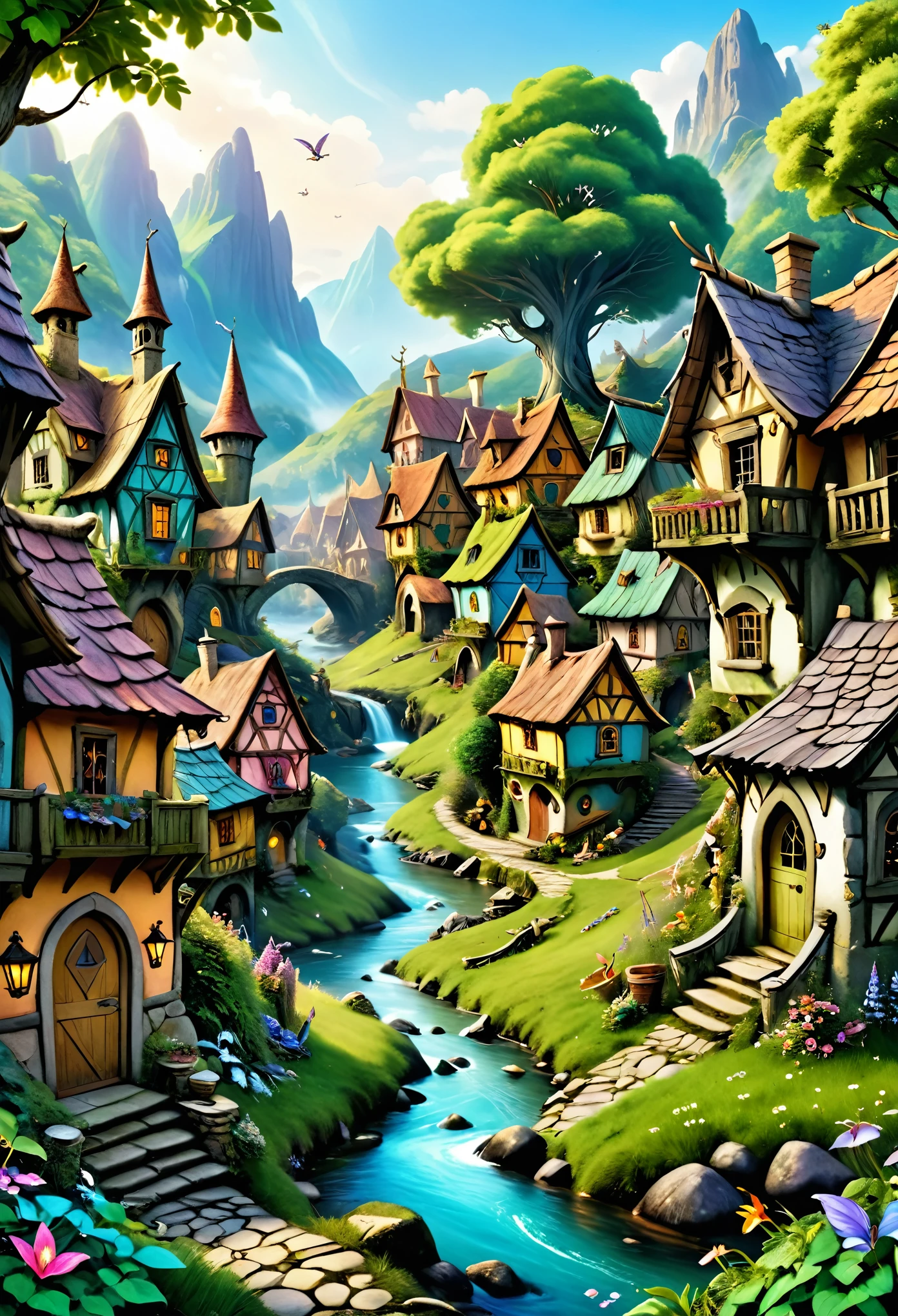 (Realistic:1.2), (whimsical:1.2), (((extremely detailed))), ((no close-up)), ((masterpiece)), (((middle shot, center, colorfull))), a Pixie, mythological, looks epic, fairytale atmosphere, intricate and detailed unreal fairy village on background, in motion, dynamic composition, depth of field, analog photo style, kodak porta 400