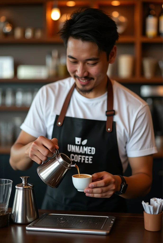 Malaysian man, 2, Help me make a realistic、Good looking pictures,The picture content is:A bartender wearing an apron with the words "UNNAMED COFFEE" printed on it,Coffee is being made。