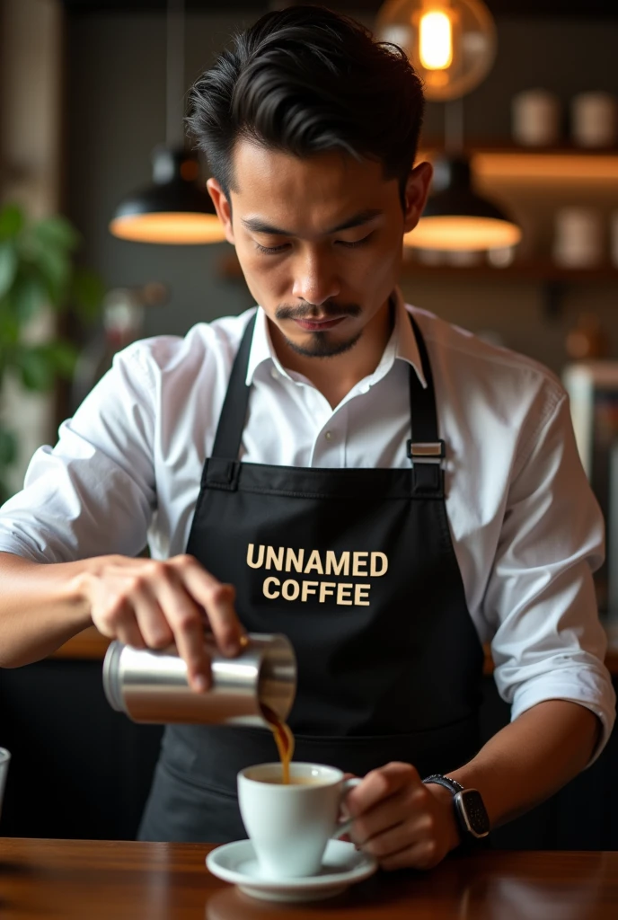 Malaysian man, 2, Help me make a realistic、Good looking pictures,The picture content is:A bartender wearing an apron with the words "UNNAMED COFFEE" printed on it,Coffee is being made。