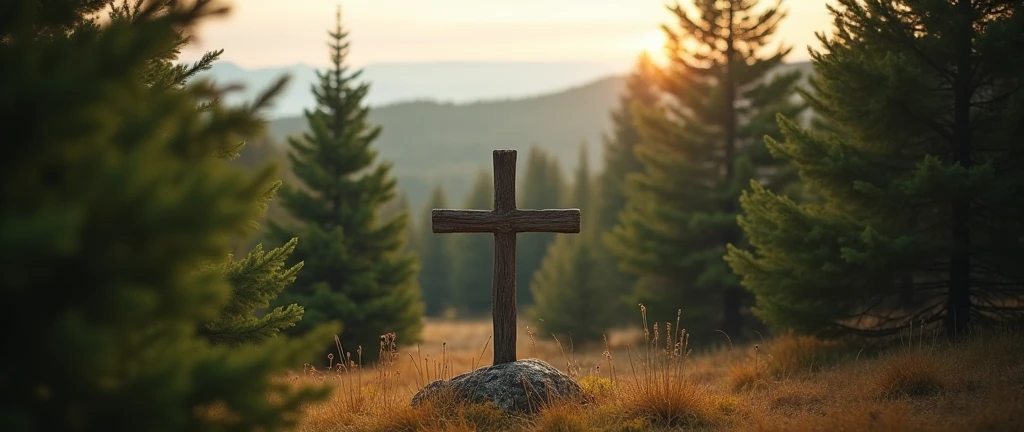 Long exposure shot of a peaceful pine forest, with dark green trees and a rustic wooden cross in middle the foreground. The scene is bathed in warm, soft light, creating a welcoming and tranquil atmosphere
