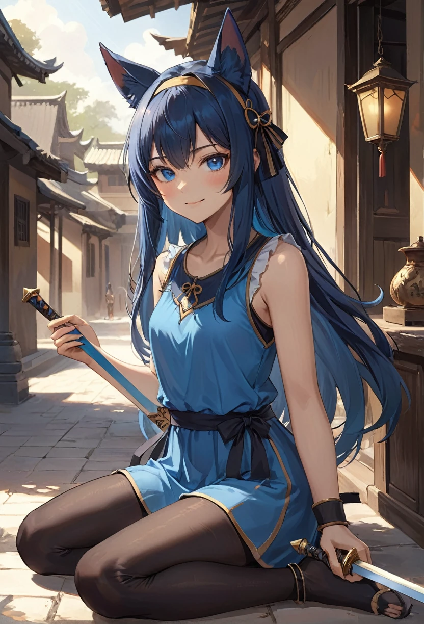 (masterpiece, best quality, ultra detailed, best shadow), (detailed background, dark fantasy), (beautiful detailed face), anubis jackal, best quality, cinematic lighting, 1 girl, alone, long hair, thin, blue eyes, blue hair, pants, blue t-shirt, smile, small breasts, clothing cut, fan, ahoge, sitting, folding fan, blue clothing, two stories, bangs, black thighs, very blushing, looking at viewer, holding a small sword, smile , very long hair, hair band, hair between the eyes, ribbon, sleeveless, closed mouth, blurred background, crossed bangs, outside, sleeveless dress