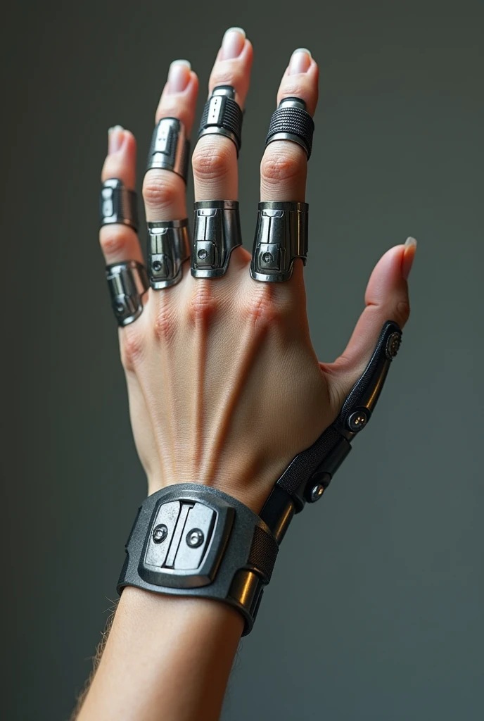 create images of a left hand where only the index and middle fingers are replaced by iron prostheses