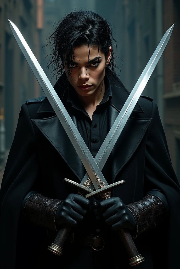 Michael Jackson holding swords in the shape of "X", dark fashion environment 