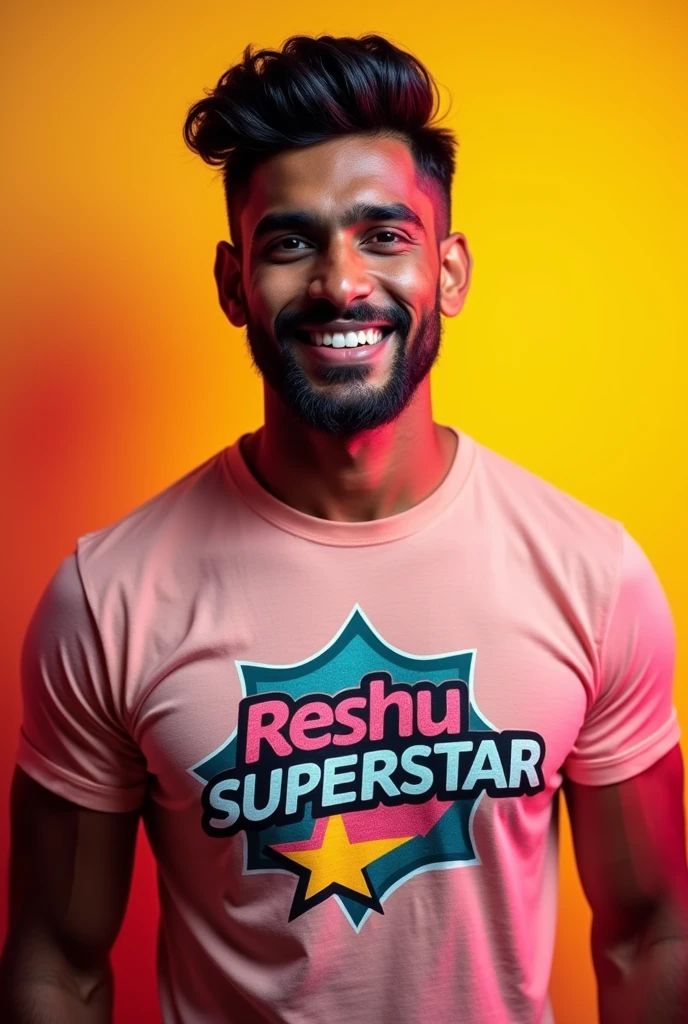 A black indian guy with tshirt 'Reshu superstar'