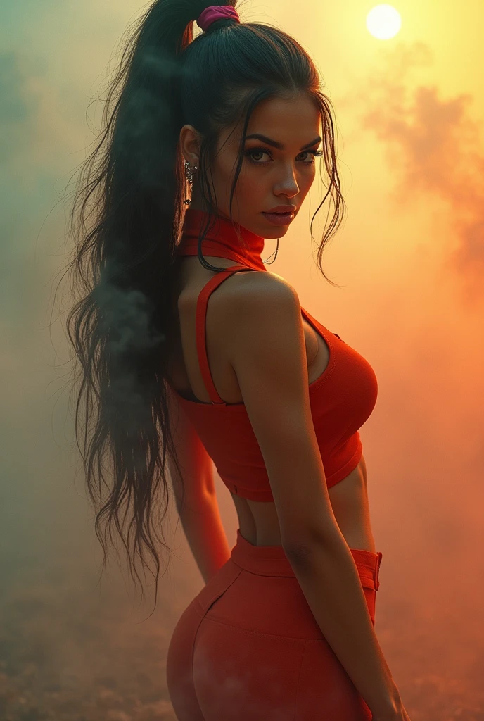 (plano general, full body best quality, 4k, 8k, High resolution, masterpiece: 1.2), ultra detailed, (realist, photorealist, photorealist: 1.37), One girl in the middle of a thick fog: 1.5, hip-hop style suit, High ponytail, incredibly long hair, cowgirl pose, looking at the viewer, Leaning forward, by Santiago Caruso, by Mike Azevedo, detailed eyes, detailed lips, extremely detailed face, long eyelashes, dynamic pose, showy, vibrant colors, warm lighting