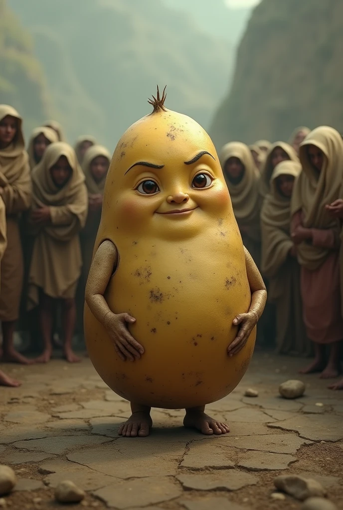 a potato with a face standing in-front of starving people saving them