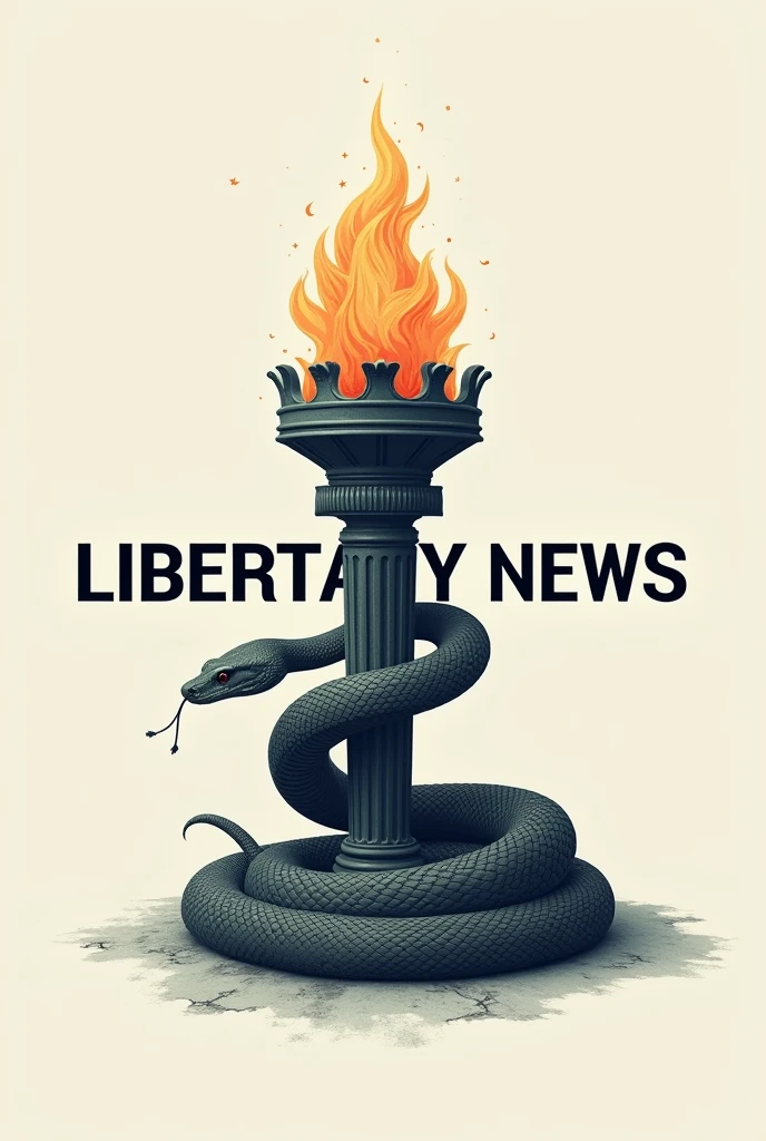 Cobra snake wrapped around a torch similar to the Statue of Liberty&#39;s torch, with capital letters in the middle of the image "libertary news" . Minimalist profile