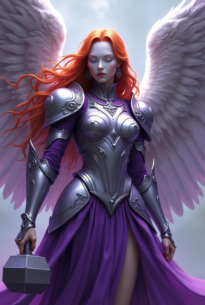Female redhead angel, with purple and silver armor, face covered by a white mask and hammer