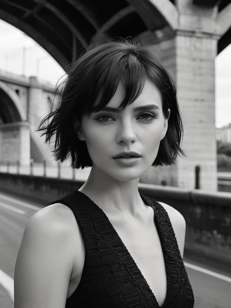 campaign photo of fashion brand, monochrome film photo, close-up of women's face, the photo taken at under bridge, her eyes are looking viewers, very short hair, textured skin, closed mouth, black sleeveless dress, cool and stylish expressions, hyperdetailed skin, hyperrealistic, 8k, UHD, artistic photography, mode, vogue, high fashions