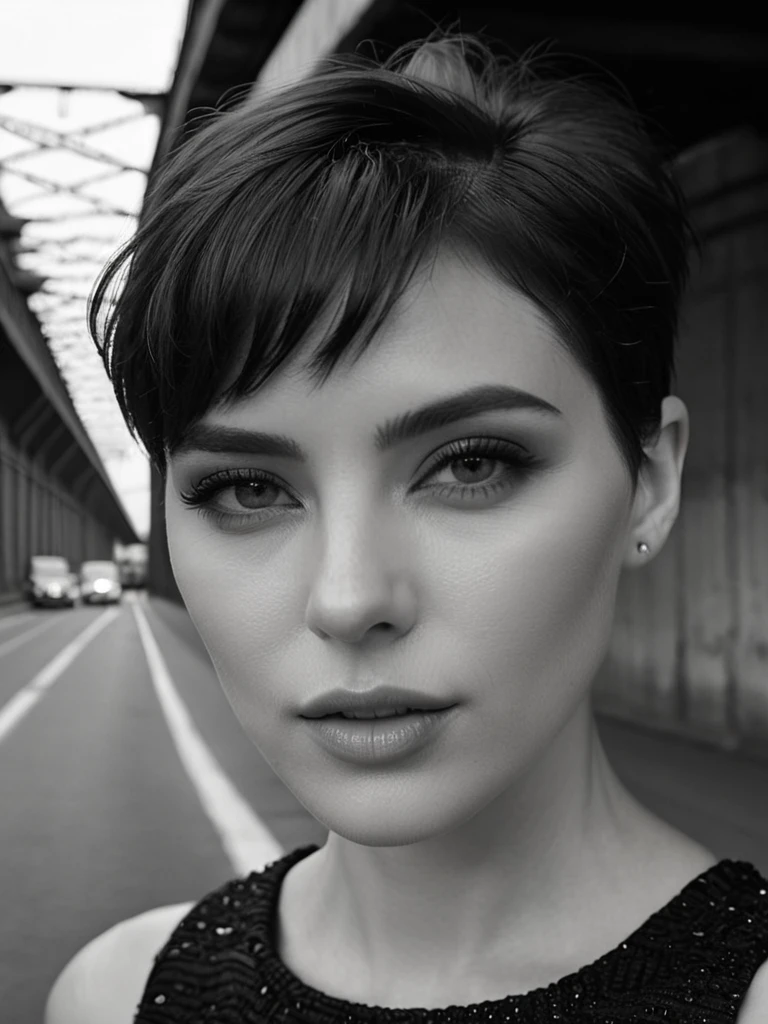 campaign photo of fashion brand, monochrome film photo, close-up of women's face, the photo taken at under bridge, her eyes are looking viewers, very short hair, textured skin, closed mouth, black sleeveless dress, cool and stylish expressions, hyperdetailed skin, hyperrealistic, 8k, UHD, artistic photography, mode, vogue, high fashions