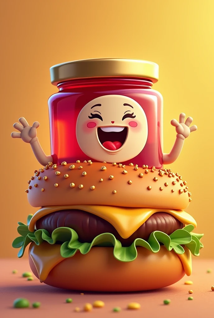 a photo to be used as a banner for a burger joint with the name of "burger jelly". make a smiling jelly jar inside a cartoon shaped burger