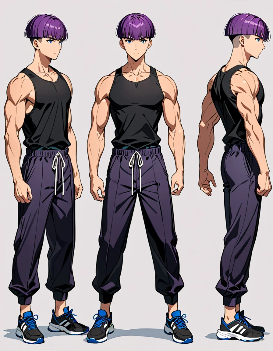 (masterpiece), (best quality), (high res), male, tall body, beautiful detailed eyes, beautiful detailed face, serious, perfect hands, complete fingers, perfect anatomy, perfect proportions, ((purple hair, short hair, undercut haircut bowl cut )), ((blue eyes)), (( black tank top and black buggy pants outfit)), muscles, walking pose, looking at viewer, (solo, solo focus), standing,, sword on the back, full body costume design. Simple background, Multiple Views, Character Sheet Full-Length.