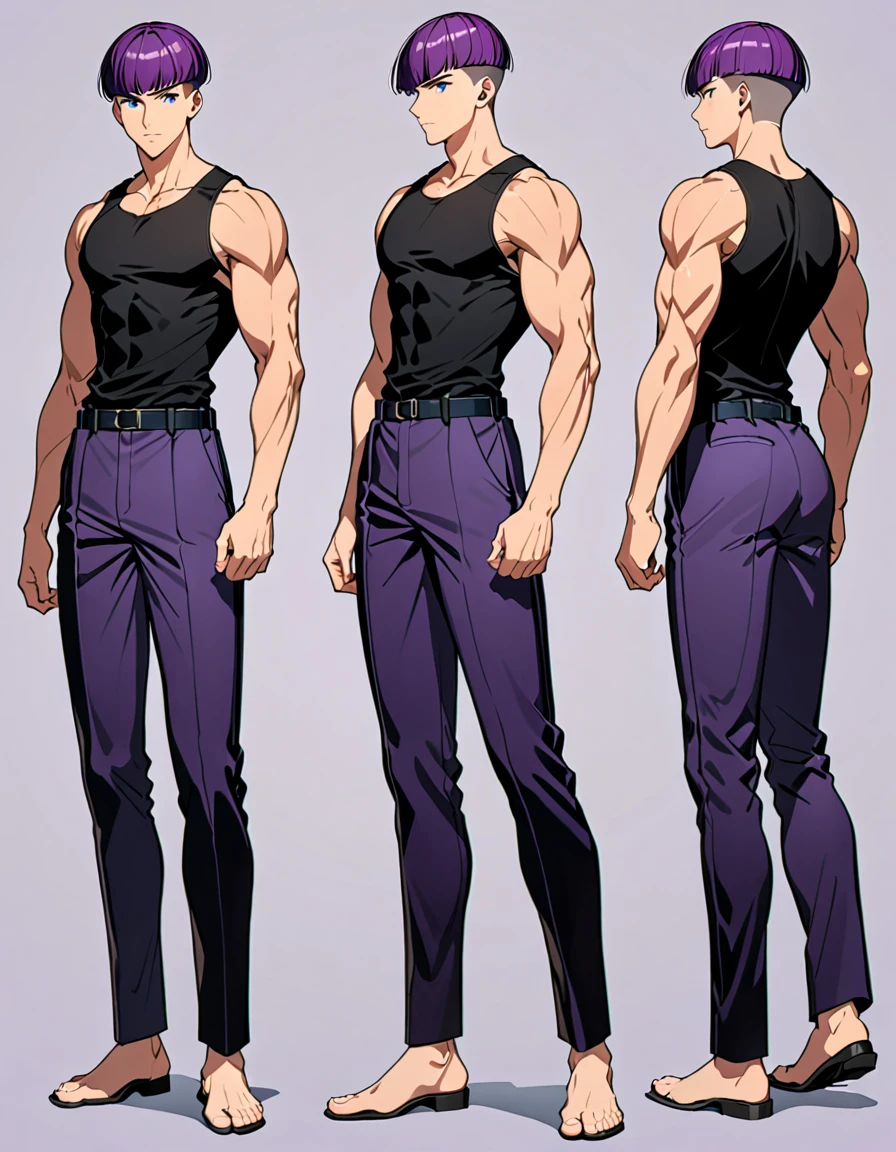 (masterpiece), (best quality), (high res), male, tall body, beautiful detailed eyes, beautiful detailed face, serious, perfect hands, complete fingers, perfect anatomy, perfect proportions, ((purple hair, short hair, undercut haircut bowl cut )), ((blue eyes)), (( black tank top and black buggy pants outfit)), muscles, walking pose, looking at viewer, (solo, solo focus), standing,, sword on the back, full body costume design. Simple background, Multiple Views, Character Sheet Full-Length.