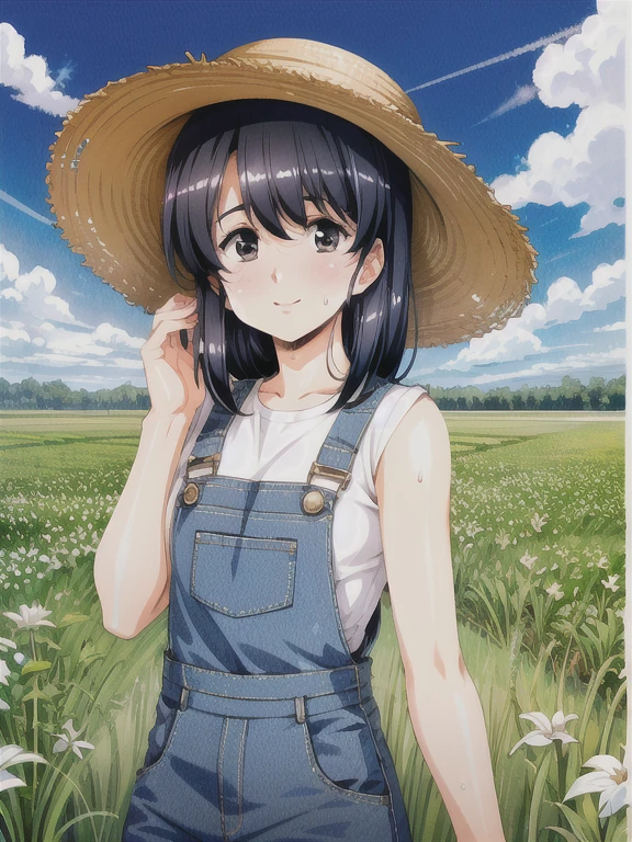 Shoulder-length hair　Black Hair　Farm work overalls　Straw hat　Sweat　Anime Style　smile　towel　Paddy field　sunny　rice　See-through clothing