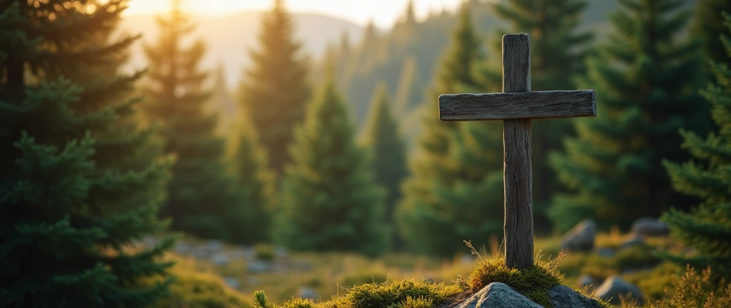 Long exposure shot of a peaceful pine forest, with dark green trees and a rustic wooden cross in middle the foreground. The scene is bathed in warm, soft light, creating a welcoming and tranquil atmosphere