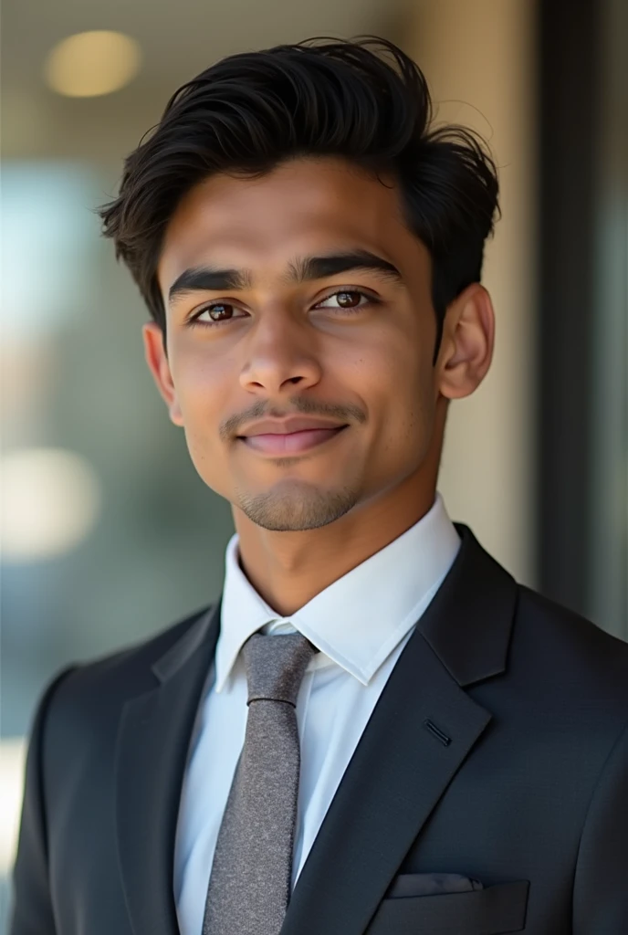 18 year old Indian boy handsome wearing formals posing for name Nadeem India in background
