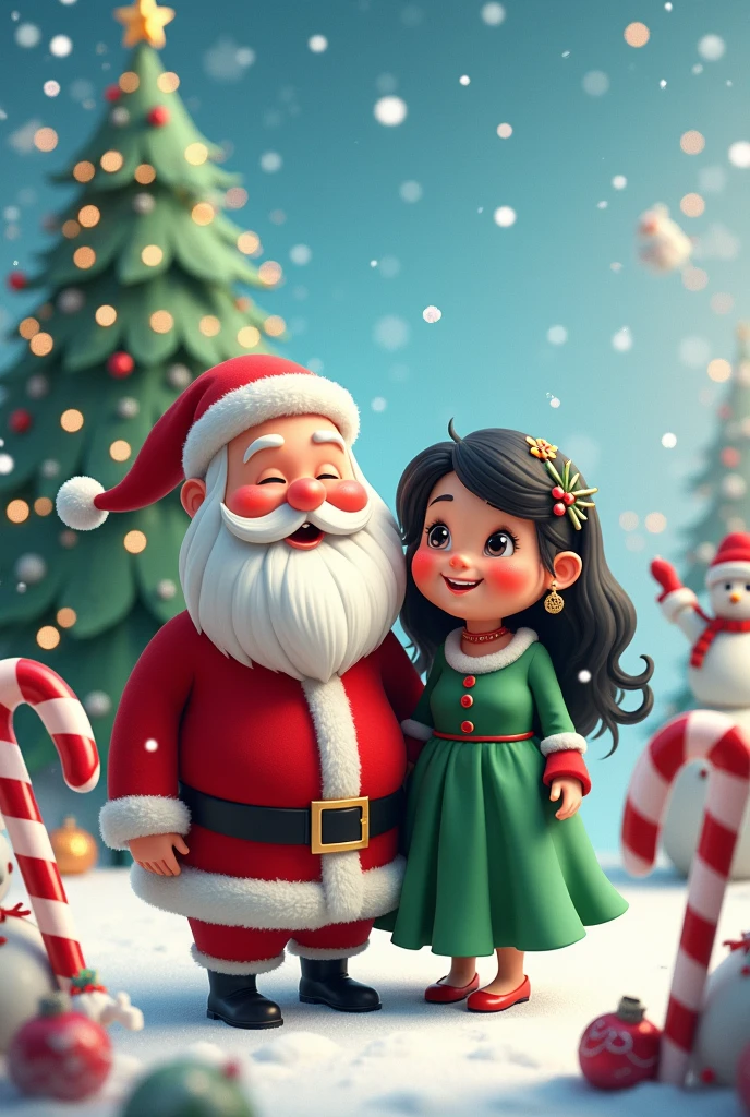 Santa Claus with his chubby wife black hair candy canes snowman snowflakes Christmas tree elves 