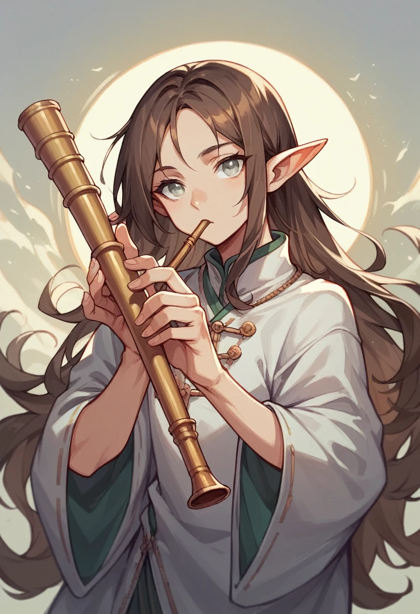 Bard, half-elf, flute, brown hair, silver eyes, perfect hands