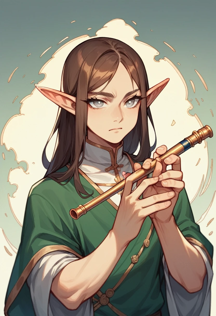 Bard, half-elf, flute, brown hair, silver eyes, perfect hands