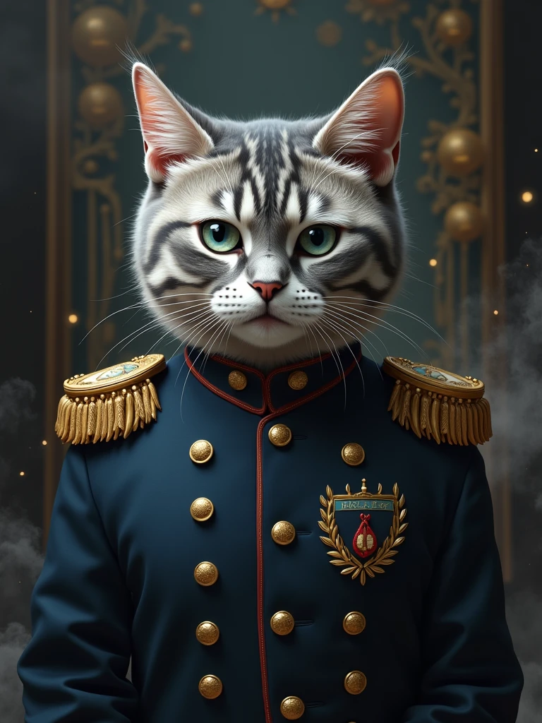 a stoic looking miniature British Shorthair, military uniform, gray hair, white eyebrows, fantasy, intricate, elegant, highly detailed, centered, dark, smokey, digital painting, artstation, concept art, smooth, sharp focus, illustration, art by artgerm and greg rutkowski and alphonse mucha